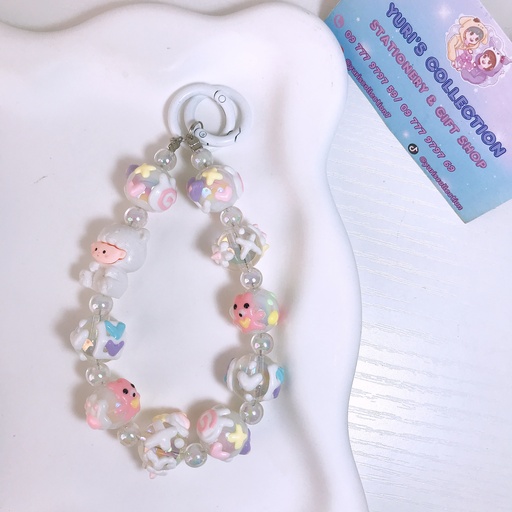 [4383-1] Cute Bear Cream Strap Keychain / White 
