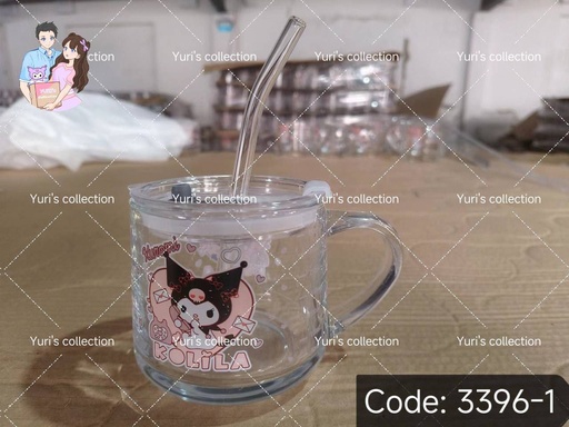 [3396-1] Kuromi Glass Cup with Glass Straw