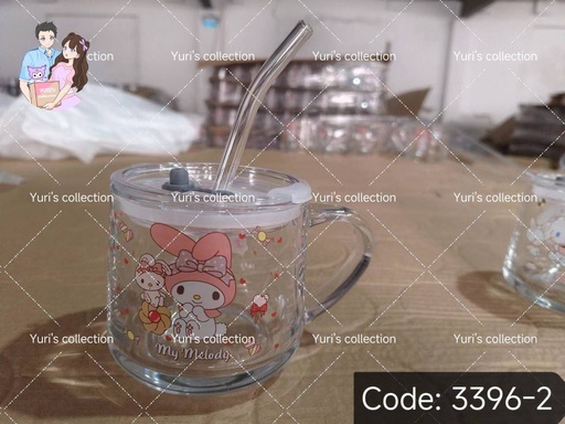 [3396-2] My melody Glass Cup with Glass Straw